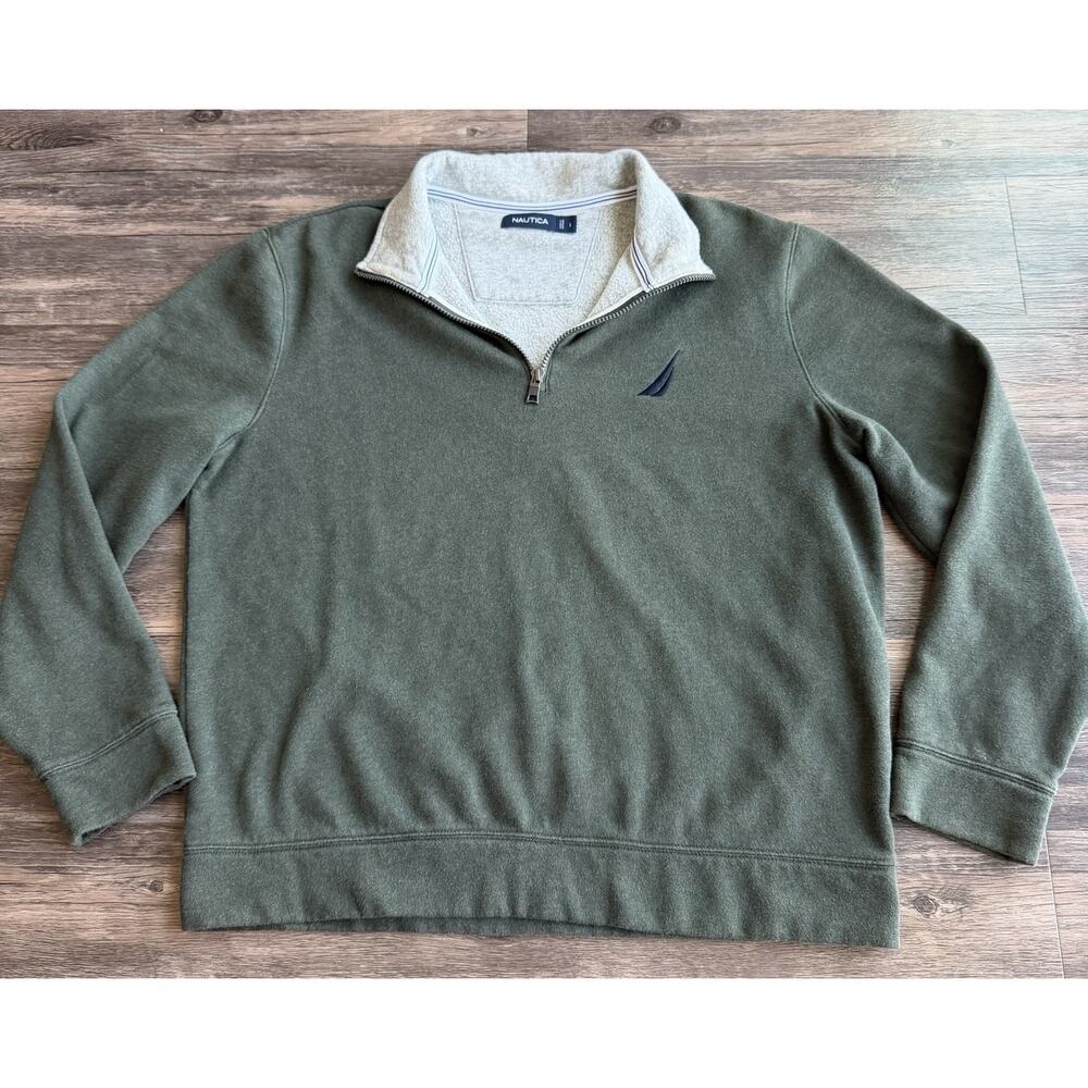 Nautica 1/4 Zip Sweater Mens L Olive Green Fleece Lined Cotton Blend Pullover